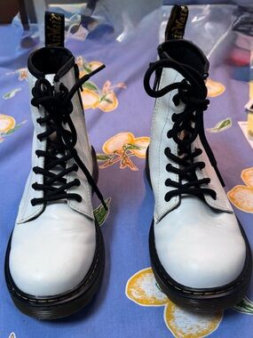 Dr. Martens White Leather Lace-Up Boots with Black Accents